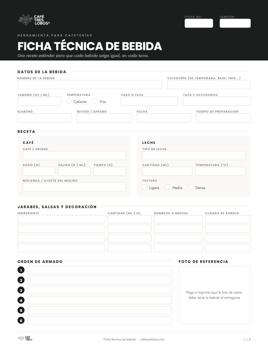 Vista previa de la ficha técnica de bebida de Café Tres Lobos en PDF